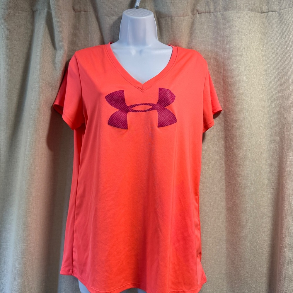 Under Armour HeatGear Semi Fitted V Neck Shirt Women's‎ Large L Pink Orange